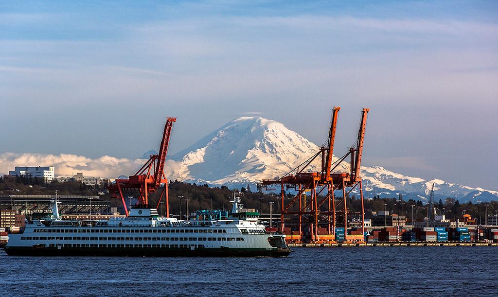 Pure Seattle: a Washington State ferry, the Puget Sound, and "The Mountain" towering in the background / Rebecca Latson