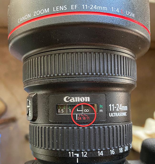 Where the focus ring mark falls on infinity on one of my Canon lenses / Rebecca Latson
