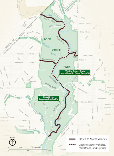 Map of road closures in the upper section of Beach Drive in Rock Creek Park/NPS