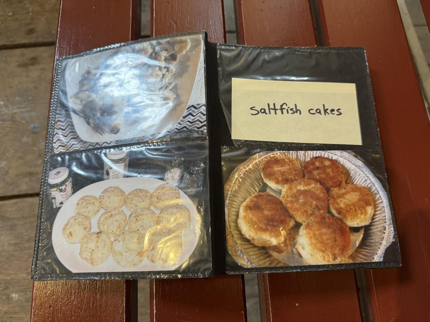 Fish cakes are made with salted cod and potatoes and usually served with mustard pickles.