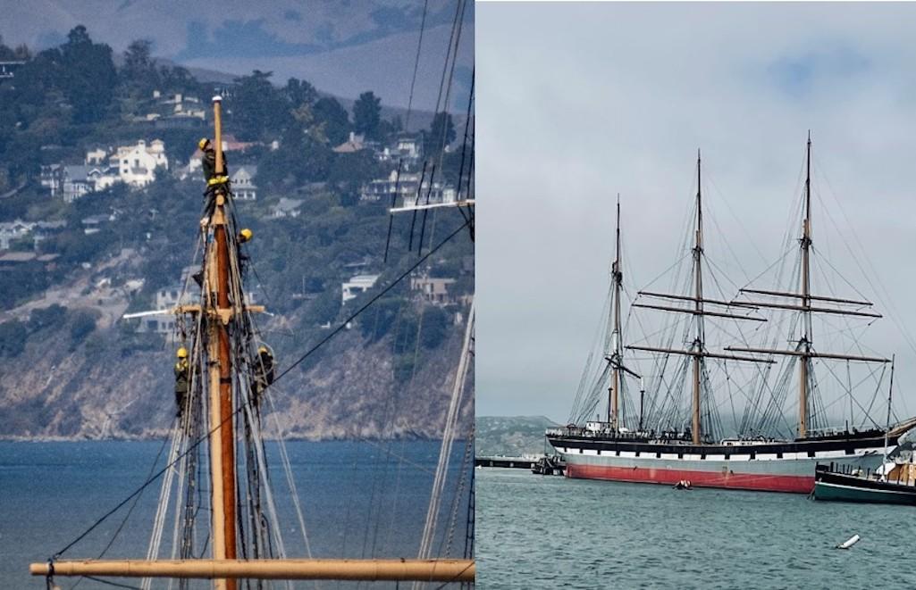 NPS rigging crew aloft the mizzen mast of Balclutha; Balclutha berthed at Hyde  Street Pier with all new topgallant masts/NPS, Todd Bloch & Adrian McCullough