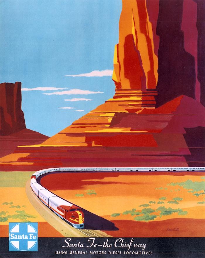 By the artist Bern Hill (ca. 1950), this idealized poster of the Santa Fe Railway before Amtrak is now a reminder of what the country lost.  Poster dimensions 24 x 18 inches. Author's collection.