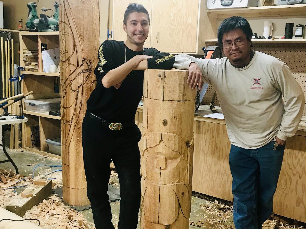 First Nations artist Dustin Sheldon, left, and carver Duran Henry, right.