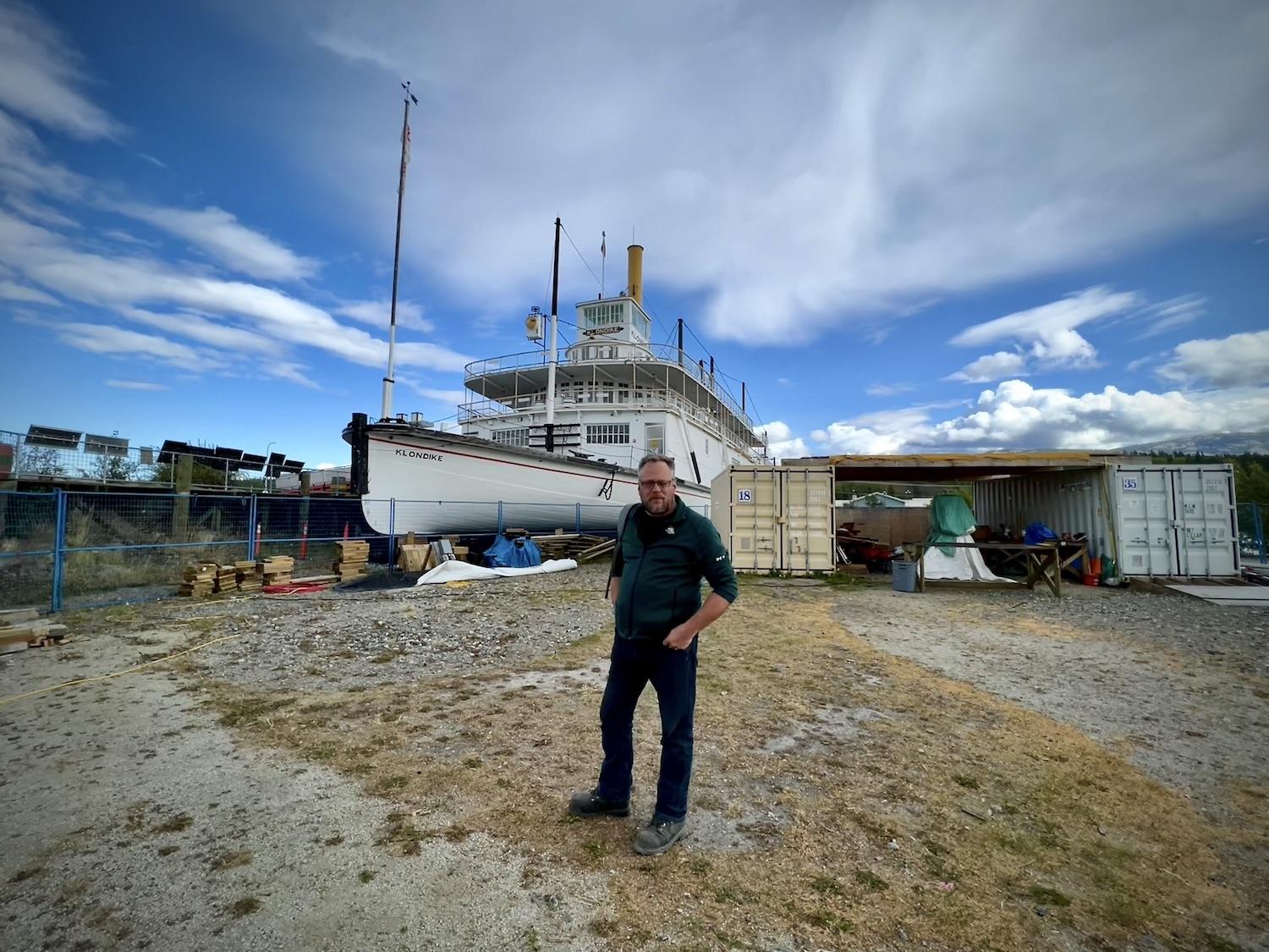 Between the S.S. Klondike and the Atlin Barge, shipwright Terry Karlsen has his work area where every scrap of lumber is put to good use.
