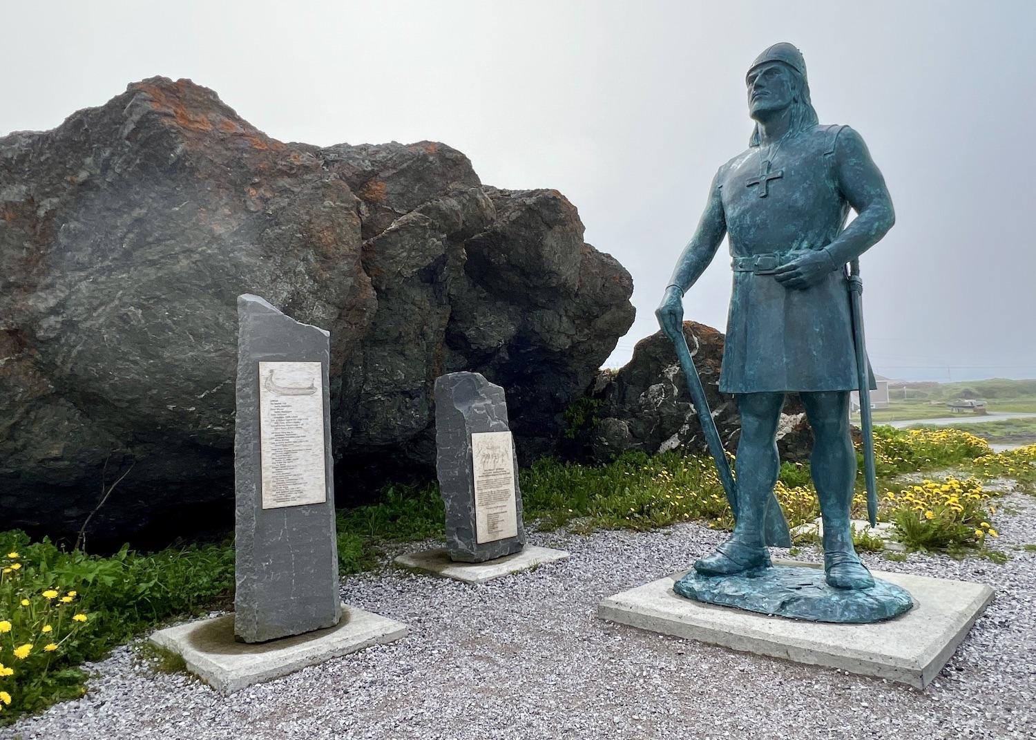 A statue of Norse explorer Leifur Eiríksson stands in the harbor of the community of L'Anse aux Meadows, not far from the national historic site.