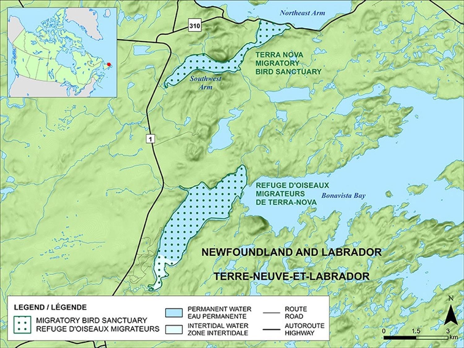 A map of the Terra Nova Migratory Bird Sanctuary alongside Terra Nova National Park.