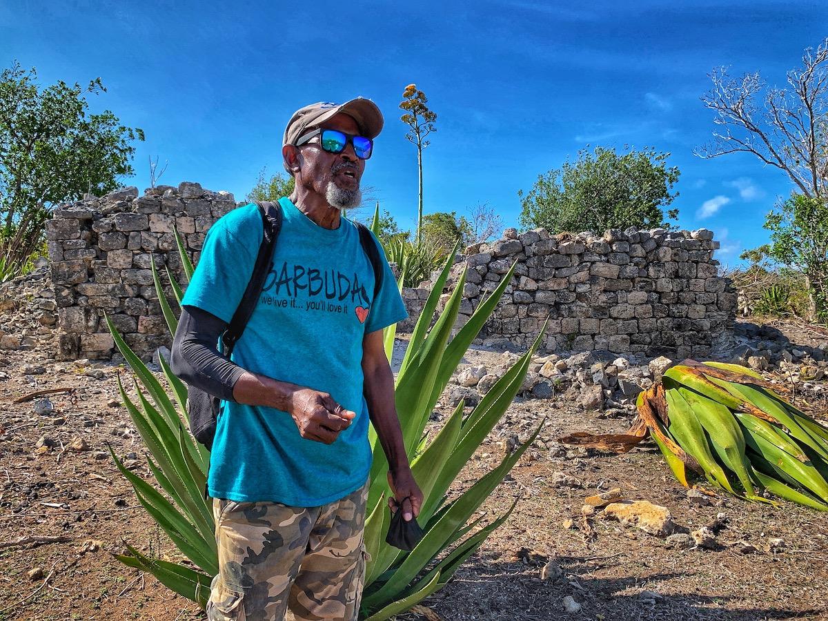 Barbuda tour guide Calvin Gore at Highland House ruins.