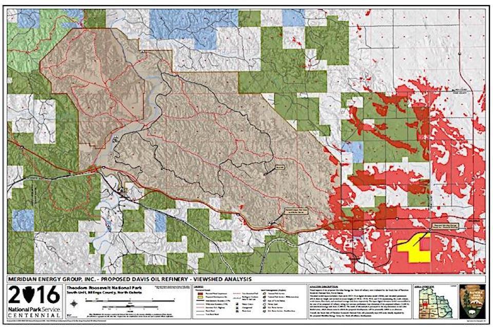 National Park Service officials created this map to show how visible the proposed Davis Refinery would be from Theodore Roosevelt National Park. The refinery would be visible from park areas marked in red, according to the NPS.