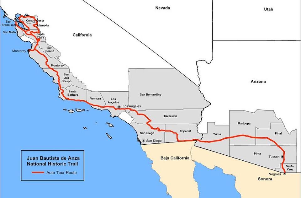 Map tracing the Juan Bautista de Anza Historic Trail/NPS