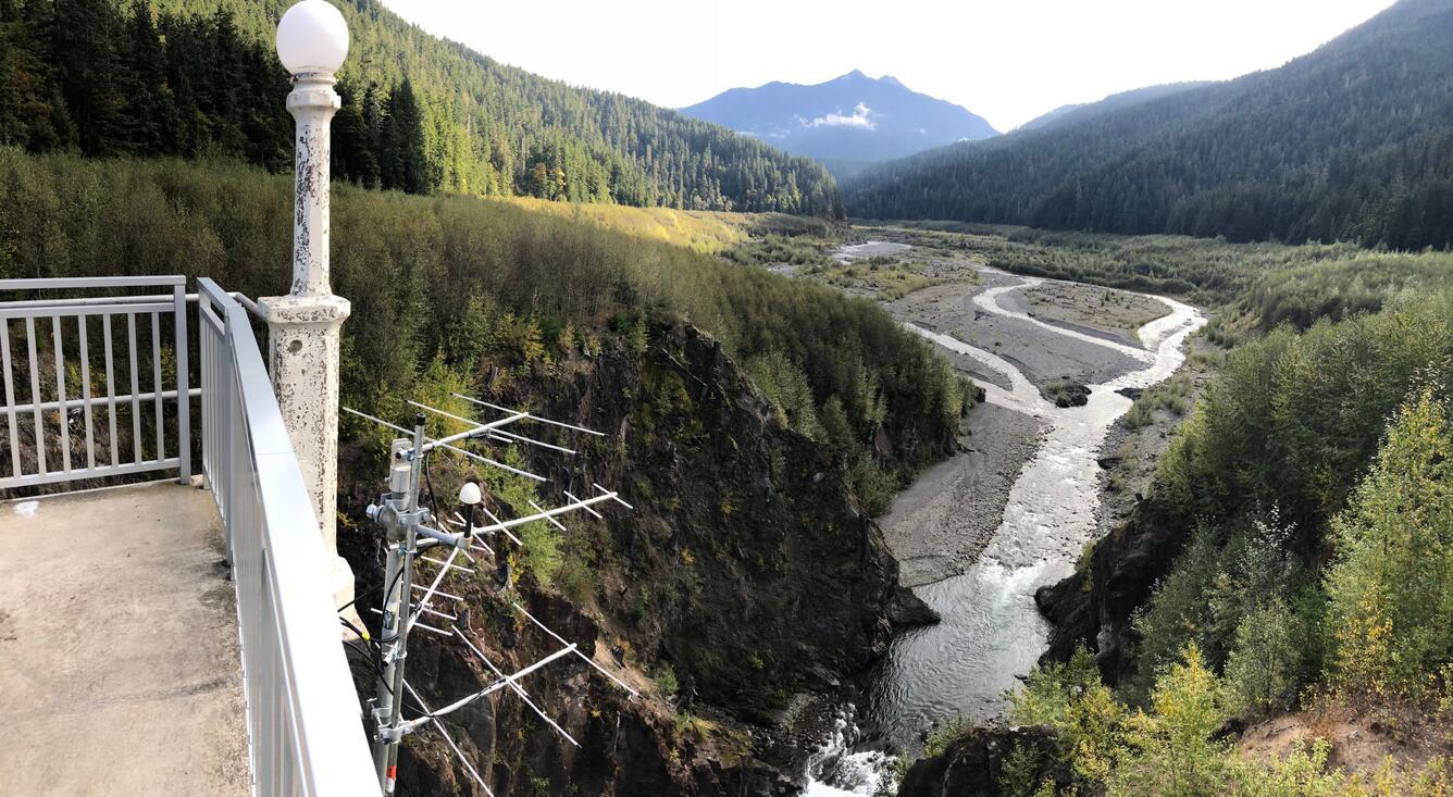 A Motus tower installed on the spillway of the former Glines Canyon Dam in Olympic National Park. The solar-powered array of radio antennae will detect the signals send by tiny transmitters known as “nanotags” that have been attached to small flying anima