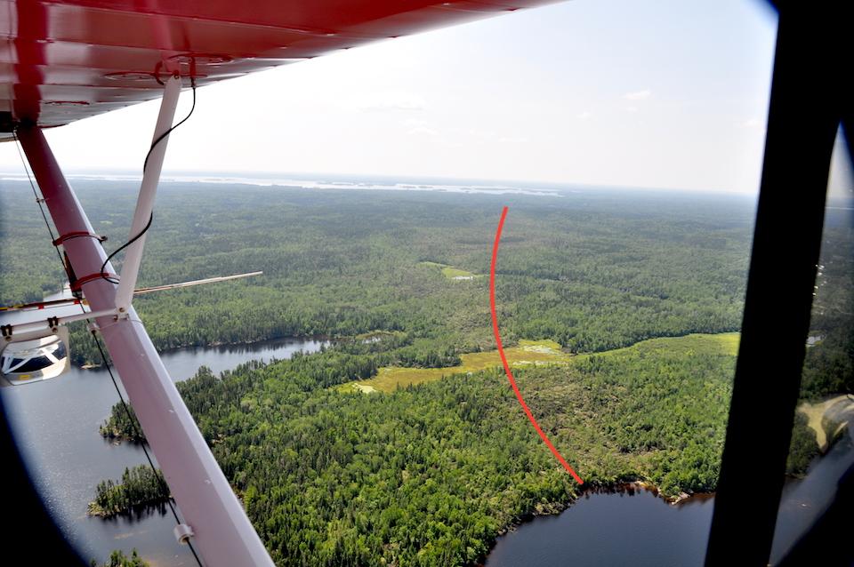An aerial view of where the tornado arrived at Rainy Lake/NPS