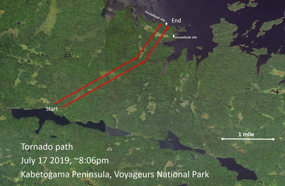 A map tracing the path of the July 2019 tornado that touched down in Voyageurs National Park/NPS