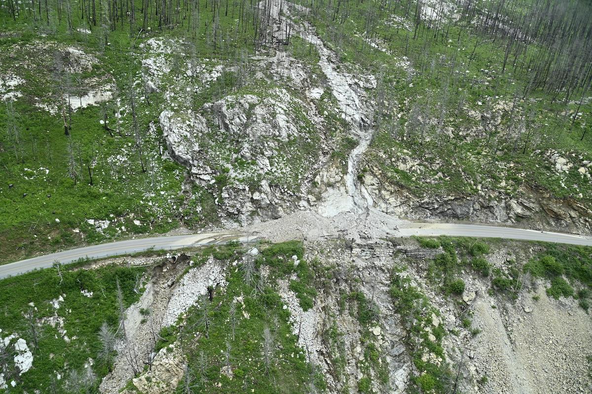 An aerial view of the Akamina rockslide in Waterton Lakes National Park as of June 12.