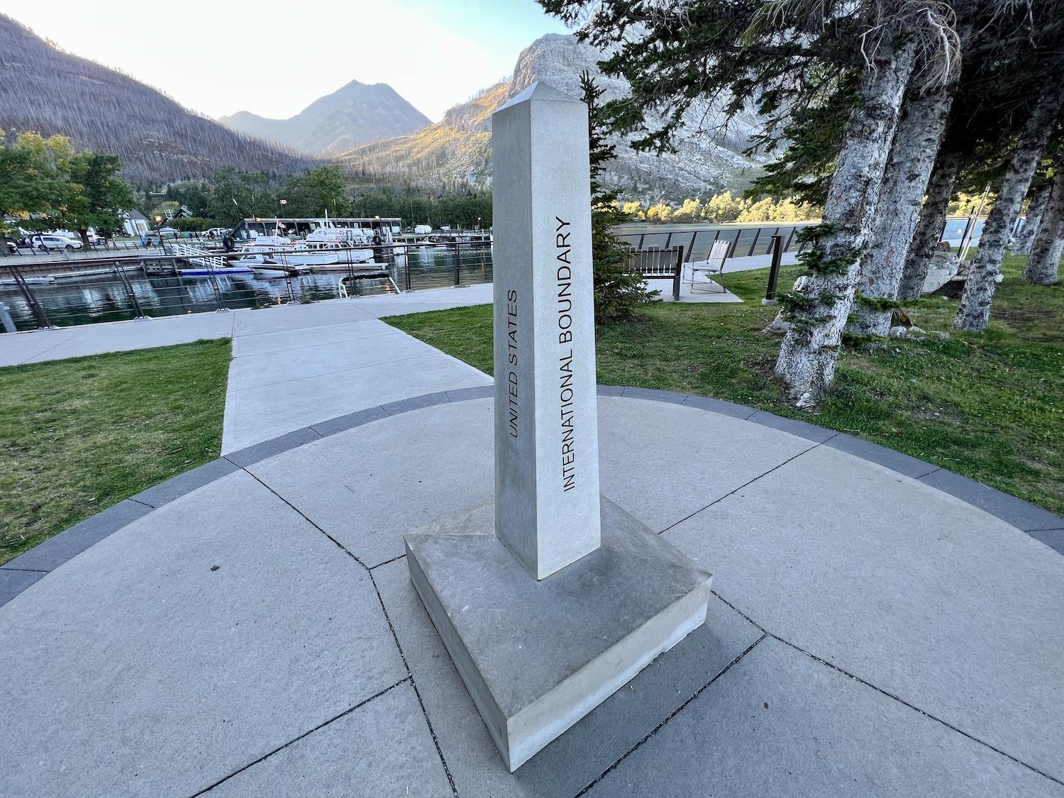 For those who don't hike to the real border in the wilderness, a ceremonial international boundary marker stands in Waterton's Peace Park Plaza. For those who don't hike to the real border in the wilderness, a ceremonial international boundary marker stands in Waterton's Peace Park Plaza.