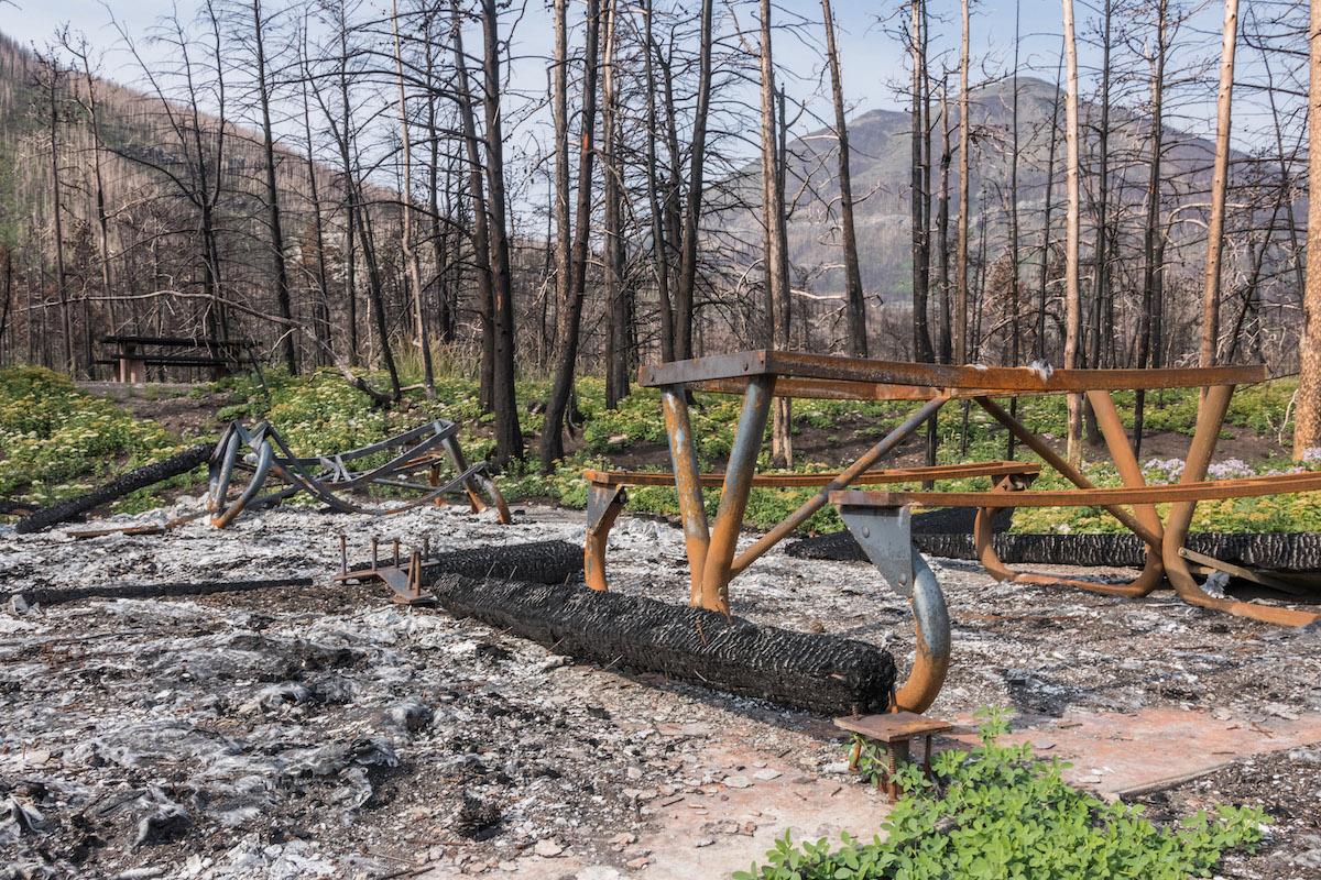 A 2018 shot of burnt infrastructure in Crandell Mountain Campground. A 2018 shot of burnt infrastructure in Crandell Mountain Campground.