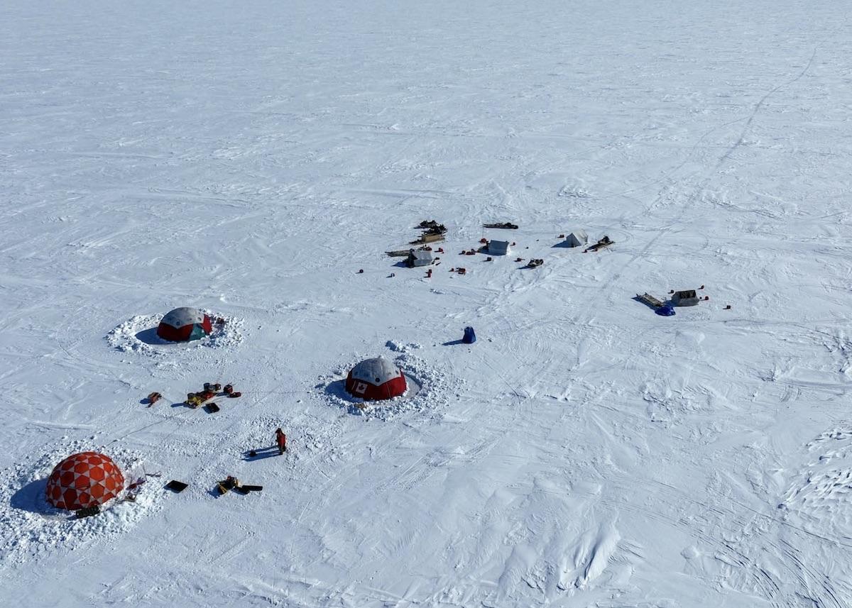 An aerial view of the HMS Erebus ice camp in Nunavut in April 2022.