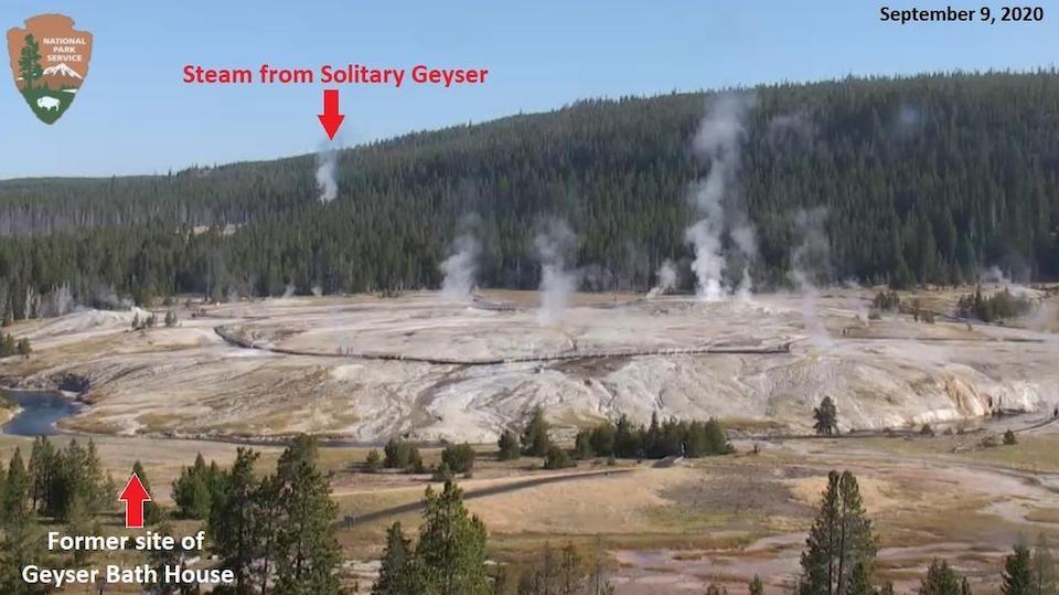 Hot water was piped from Solitary Geyser to the former site of the geyser bathhouse. Hot water was piped from Solitary Geyser to the former site of the geyser bathhouse.
