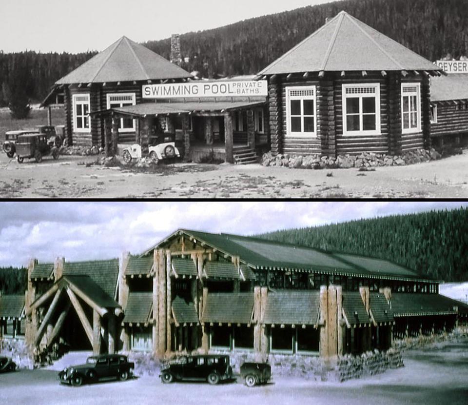 Old Faithful bathhouse as it appeared in 1914-1933 (top) and 1934-1951 (bottom)