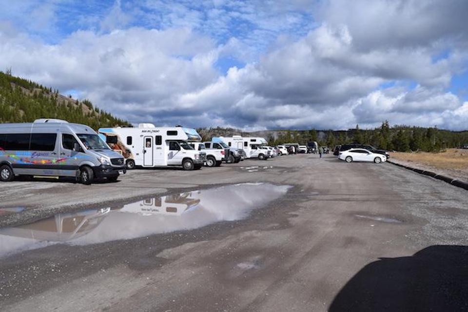 This temporary parking lot at the Fairy Falls Trailhead in Yellowstone will be removed this fall.