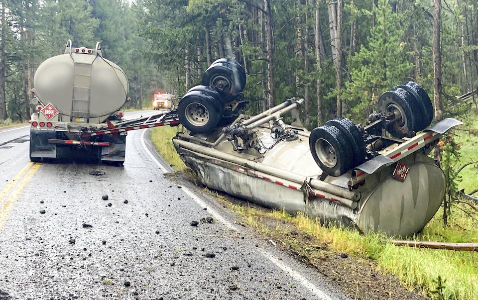 An estimated 3,000 gallons of gasoline were spilled in Yellowstone National Park when a tandem tanker overturned/NPS