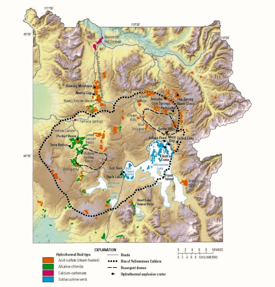 Map of Yellowstone National Park showing locations of thermal basins that host hot springs, geysers, and mudpots.  Dark green areas host alkaline-chloride fluids.  Yellowstone Caldera margin shown as bold dashed line.