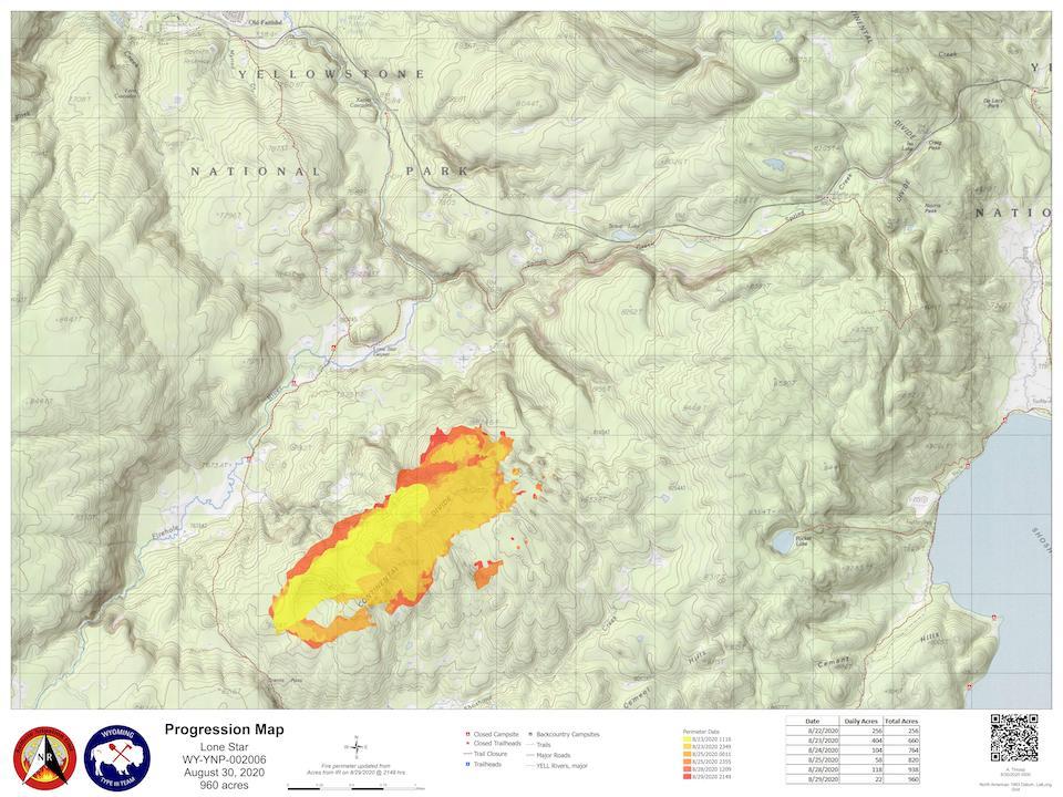 The Lone Star Fire in Yellowstone covered roughly 960 acres on Sunday/NPS