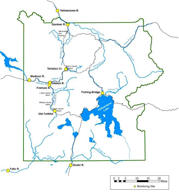 Map of river chemistry monitoring sites in Yellowstone National Park/USGS