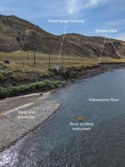 Streamgage site and profiling tool on the Yellowstone River at Corwin Springs, Montana. The gage house narrowly avoided damage during the June 2022 flood, which eroded the downstream bank. The river profiling instrument helps to map the river bottom to as
