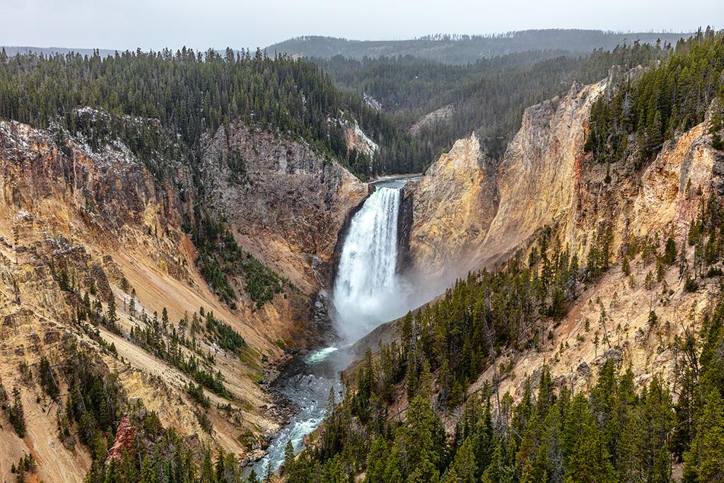 The lower falls of the Yellowstone River on a snowstormy autumn day, Yellowstone National Park / Rebecca Latson