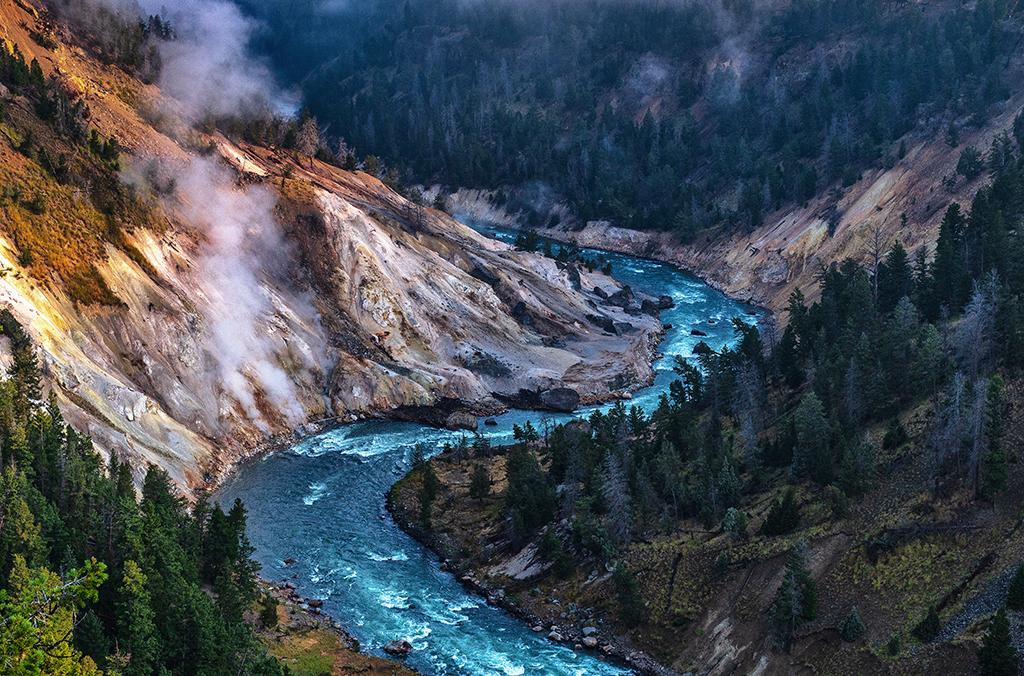 A telephoto landscape of Calcite Springs and the Yellowstone River, Yellowstone National Park / Rebecca Latson