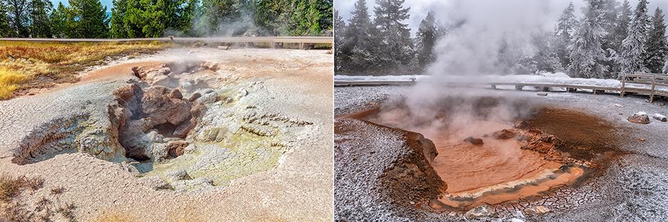 Summer and winter views of Red Spouter at Fountain Paint Pots, Yellowstone National Park / Rebecca Latson
