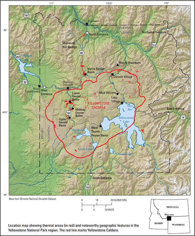 Yellowstone Caldera and thermal area map, Yellowstone National Park / YVO