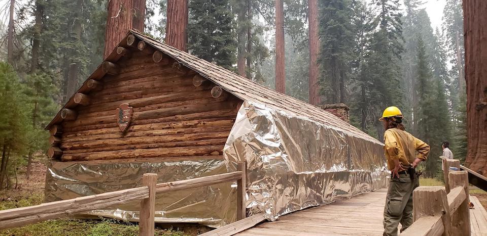 The Mariposa Grove Museum was wrapped in fire protective material as a precaution in case the Creek Fire move into the park/NPS
