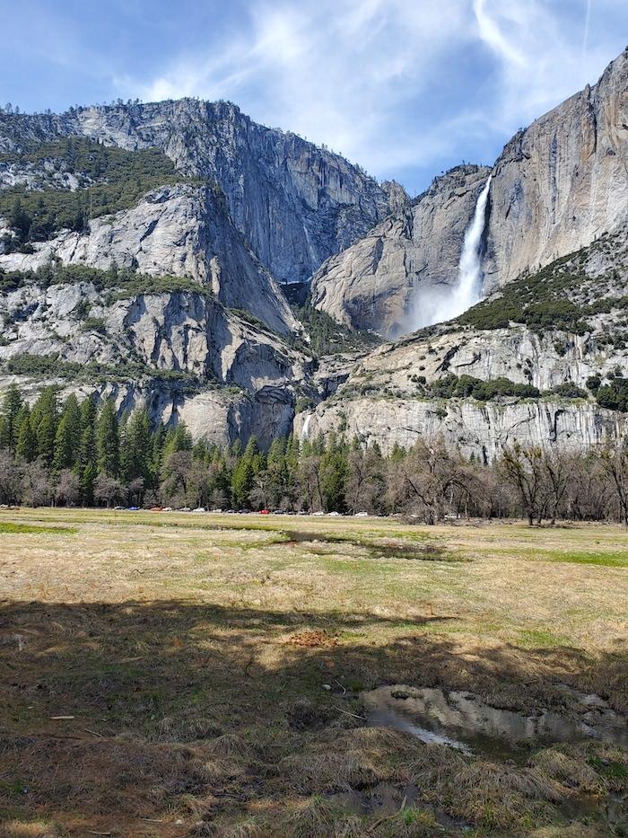 By late April, warm weather had grass greening up in Cook's Meadow and Yosemite Fall roaring, but flooding was forecast for the Yosemite Valley/NPS