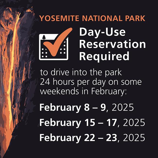 A day-use reservation will be required for the Horsetail Fall event in mid-late February, Yosemite National Park / NPS graphic
