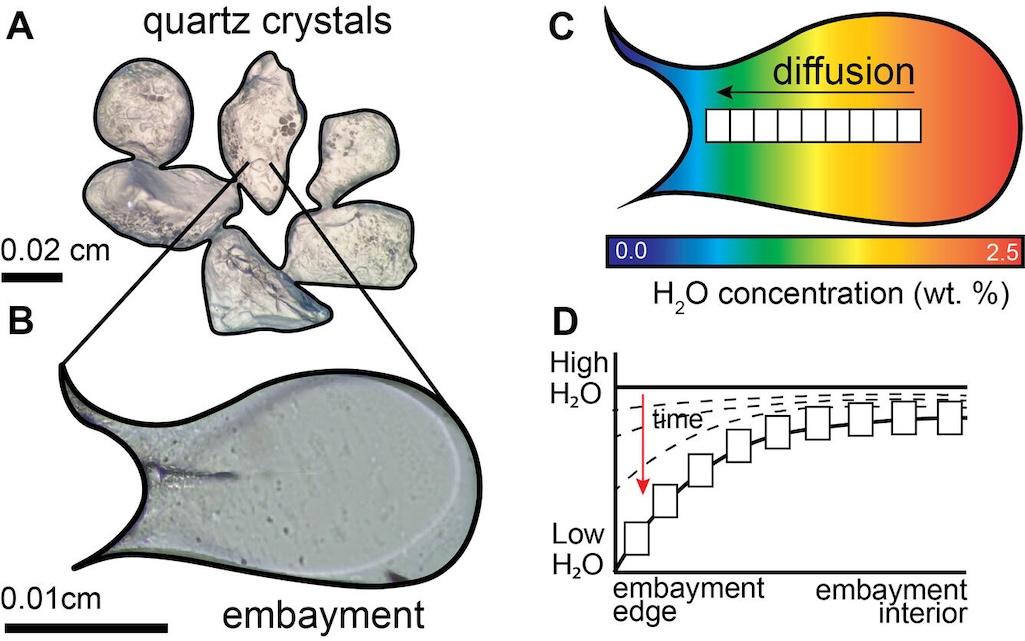 Quartz crystals (A) often contain melt embayments (tubular melt-filled pockets burrowed into the side of volcanic crystals) (B), which preserve volatiles (water, carbon dioxide, and sulfur) that have different concentrations in different parts of the emba