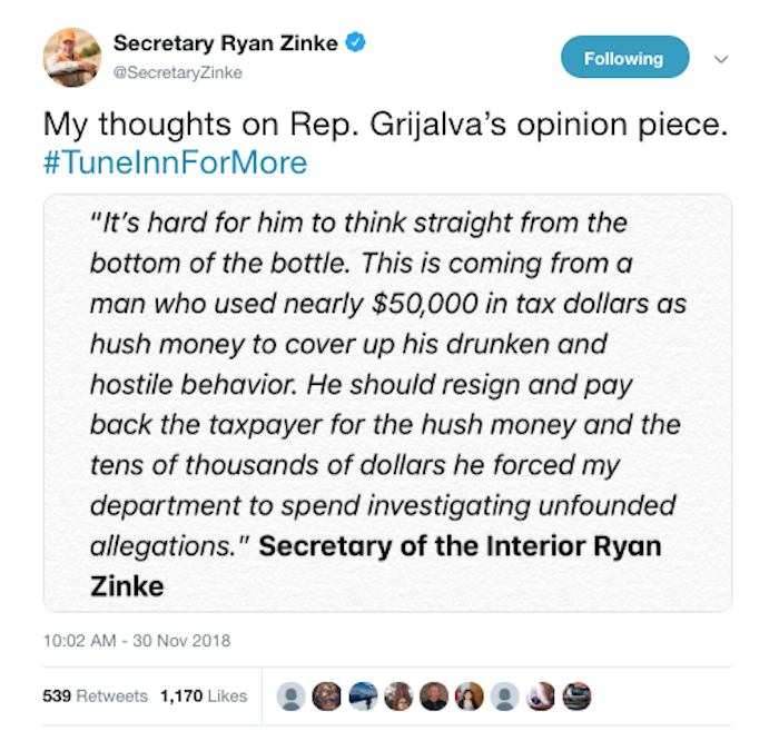 Zinke calls Grijalva a drunk in tweet