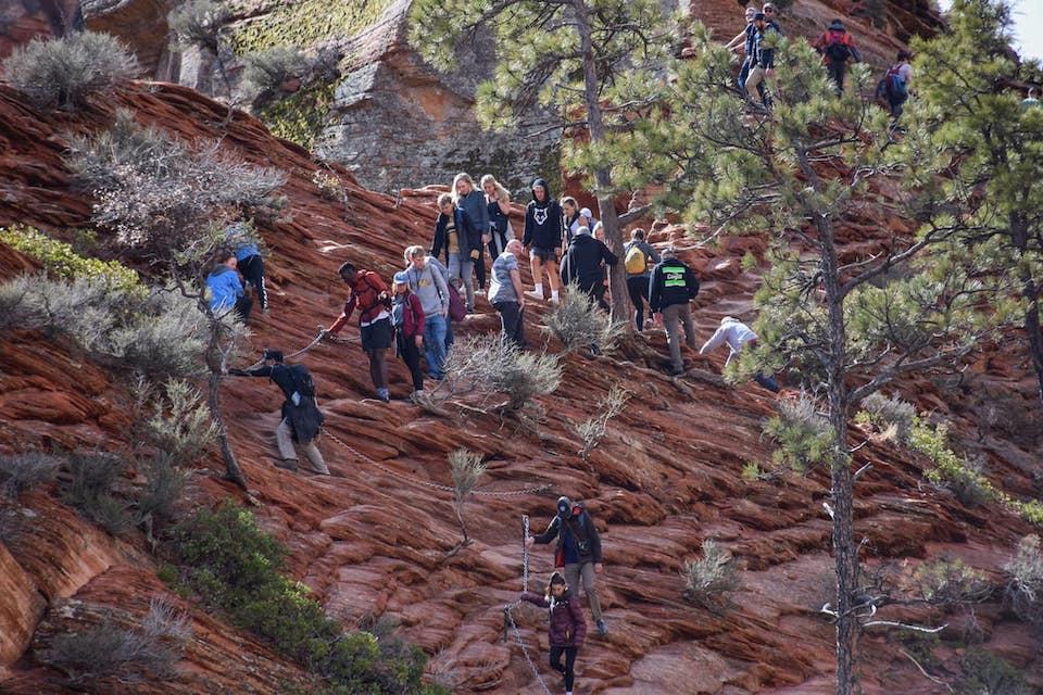 Hikers on the Angels Landing Trail in Zion National Park on March 21 were not practicing social distancing/NPS