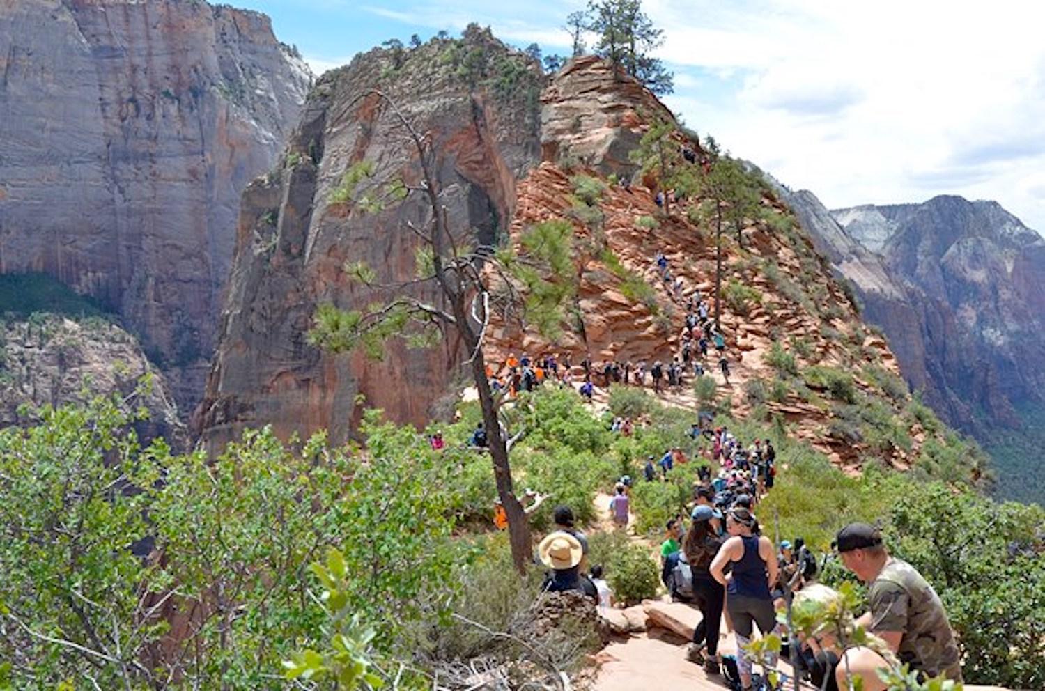 In 2017, Angels Landing at times saw 1,200 hikers per hour at times. Today you need a reservation/NPS file