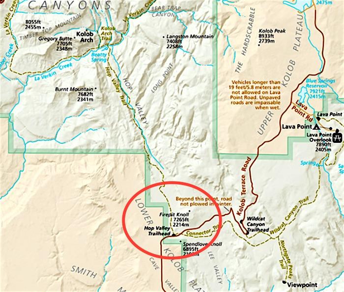This map shows the Hop Valley Trail near Firepit Knoll/NPS
