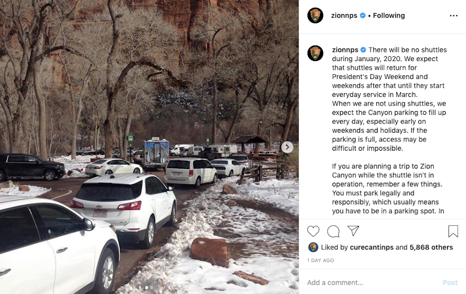 Zion announcement that there would be no shuttle service in January was not warmly received/NPS