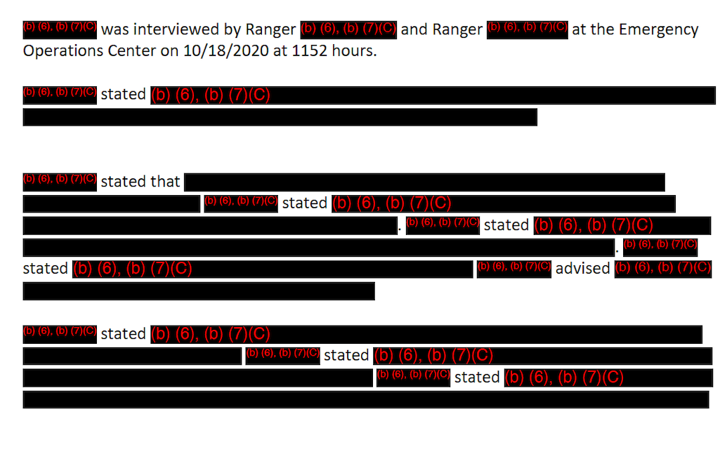 The rangers' interview with Courtier was heavily redacted/NPS