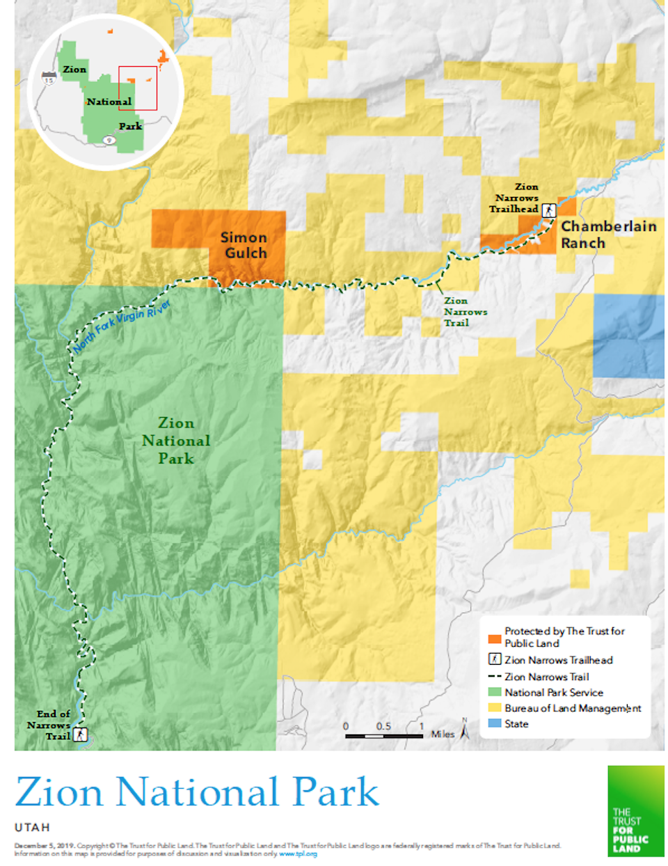 Map of the Zion Narrows Trail/Trust for Public Land