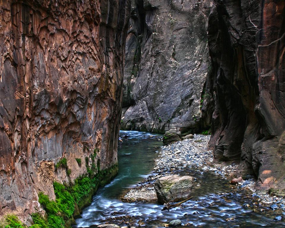 The narrowest section of Zion Canyon, the Narrows can be hazardous during flash floods, Zion National Park / NPS