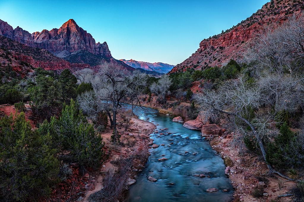 A soft winter sunrise over Watchman and river, Zion National Park / Rebecca Latson