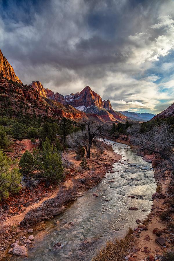 A moody winter's sunset over The Watchman, Zion National Park / Rebecca Latson