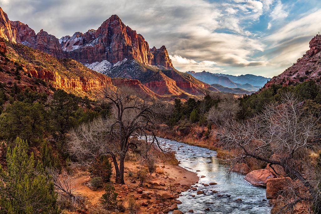 Winter clouds and sunset over The Watchman, Zion National Park / Rebecca Latson