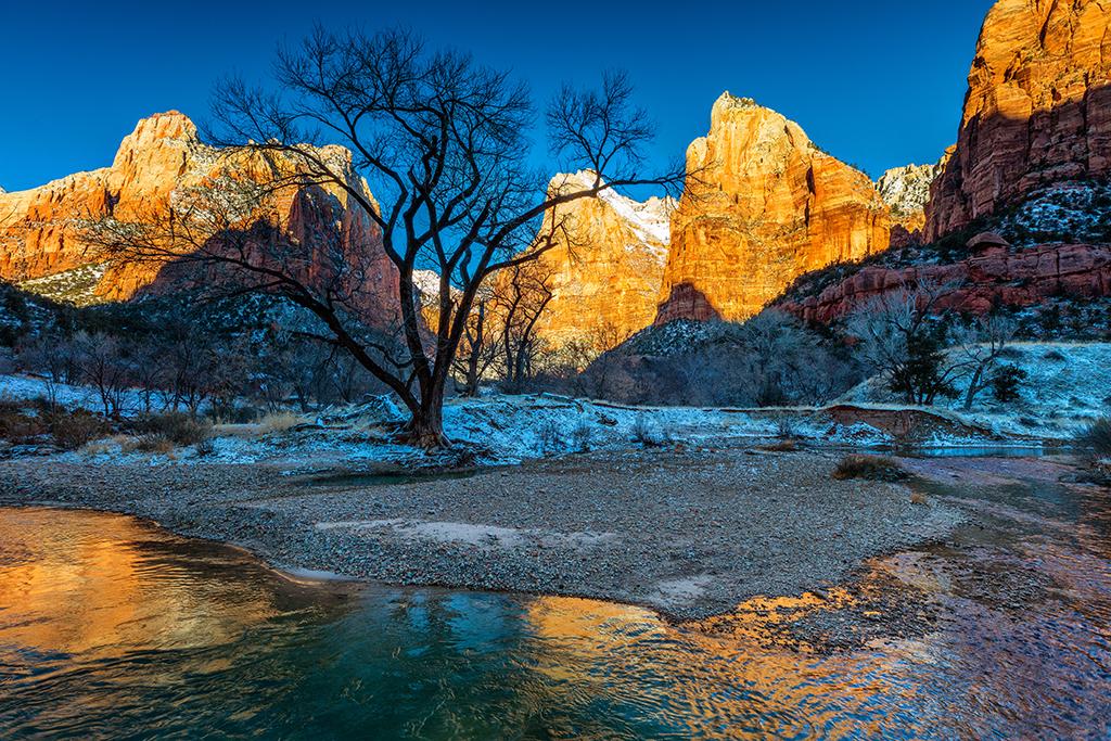 A winter morning scene at Court of The Patriarchs, Zion National Park / Rebecca Latson