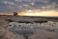 Rock mountain with puddle and sunrise in the distance at Arabia Mountain National Heritage Area