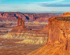 A wide-angle view of red-rock mesas and buttes in Canyonlands National Park in Utah